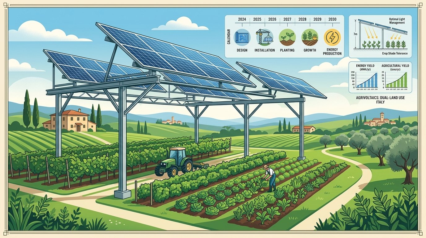 Illustrazione grafica moderna di un impianto agrivoltaico in Italia con pannelli solari elevati su terreno agricolo e calendario delle scadenze PNRR
